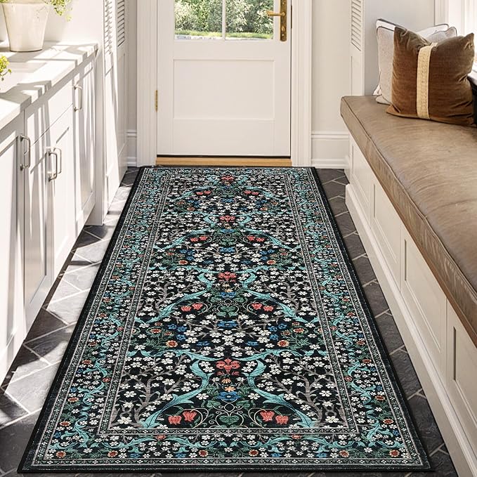GarveeHome Black Floral 2x6 Washable Kitchen Runner Rug | Vintage Stain Resistant Rugs for Entryway Hallway Bedroom Bathroom Low-Pile Non-Slip Soft Botanical Boho Rug TPE Backing