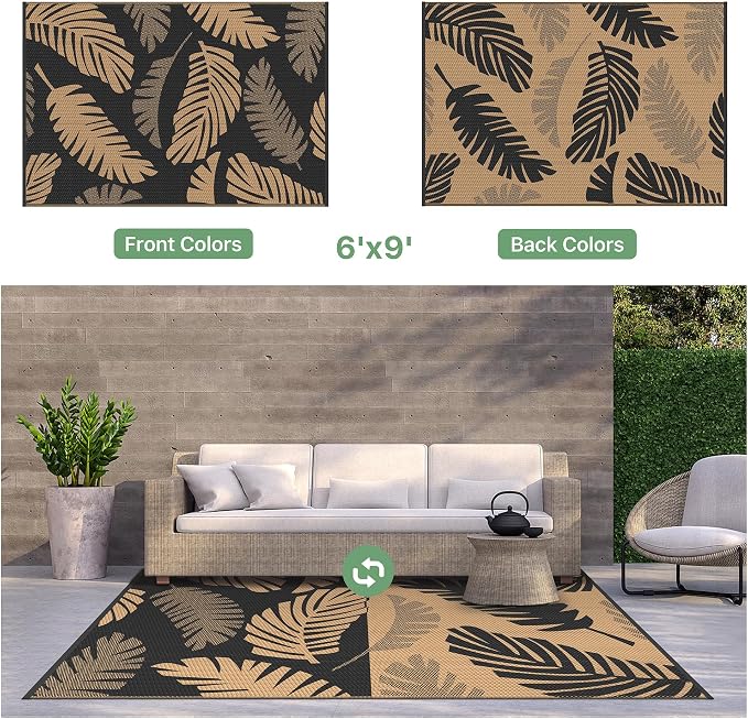 GENIMO Waterproof Outdoor Rug 6' x 9' for Patio Decor, Reversible Plastic Straw Area Rugs for Camping Clearance, RV Mat, Large Outside Carpet for Porch, Deck, Picni, Balcony, Garden, Black & Brown