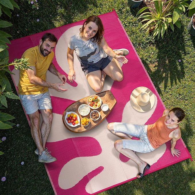 Lahome Plastic Coastal Coral Rv Outdoor Rug, Waterproof 6x9 Outdoor Camping Rug, Lightweight Hot Pink Camper Mats for Outside Beach Pool Patio Deck, Pink 6'x9'