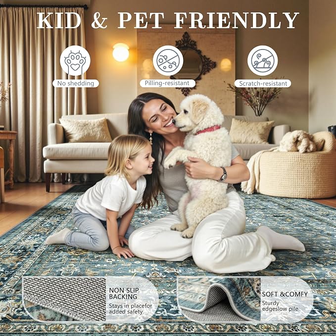 8x10 Area Rugs for Living Room - Washable Vintage Retro Large Rug, Soft Ultra Thin Non Slip Low Pile Traditional Distressed Boho Carpet for Bedroom Dining Room Home Office, Blue