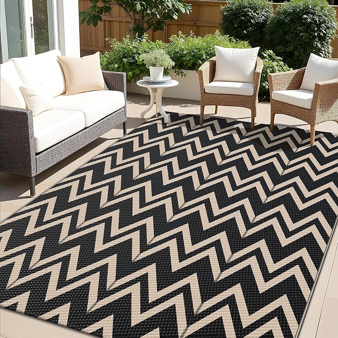 OLANLY Waterproof Outdoor Rug 5x8 ft Clearance, Reversible Outdoor Plastic Straw Rug, RV Mat, Indoor Outdoor Carpet for Patio, Camping, Balcony, Deck, Backyard, Black & Beige
