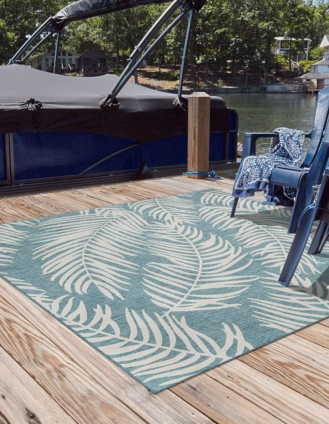 Unique Loom Outdoor Botanical Collection Area Rug - Palm (10' Square Light Aqua/Ivory)