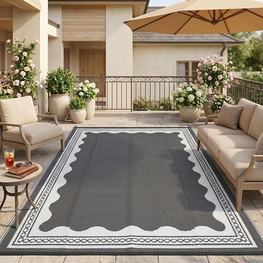 Garvee Outdoor Rug 5x8 Scalloped Waterproof Patio RV Outdoor Rugs Reversible Foldable Plastic Straw Rug Modern Camping Carpet for Deck Camper Porch Balcony Backyard Picnic Beach Grey