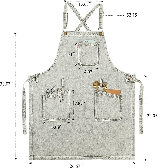Denim Chef Apron for Women with Pockets, Jean Waitress Server Kitchen Apron for Men Cooking Gardening Painting