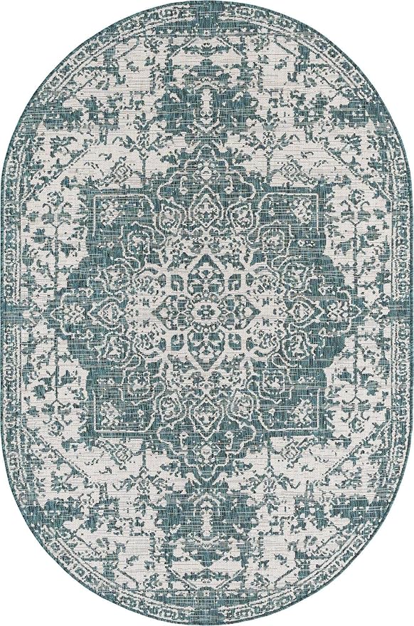 Unique Loom Jill Zarin Outdoor Collection Area Rug - Dubai (5' 3' x 8' Oval, Teal/ Ivory)