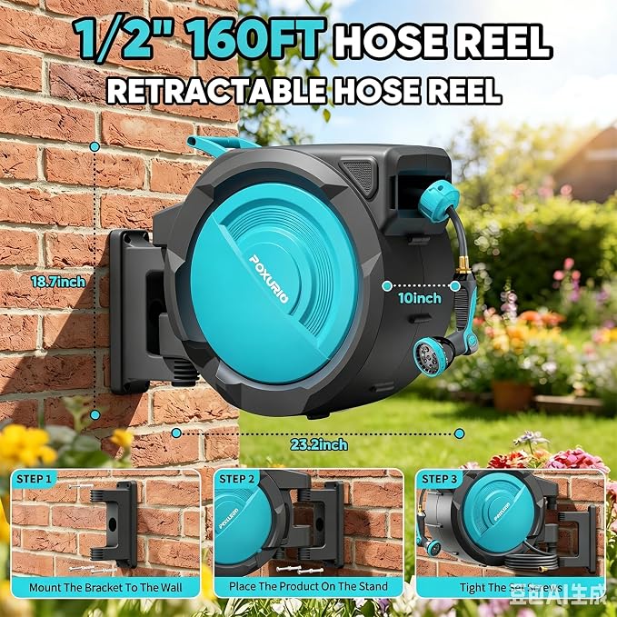 1/2" 160FT Retractable Garden Hose Reel - POXURIO Heavy Duty Automatic Wall Mounted Hose Reel Upgraded UV Resistant, 3/4" Brass Fitting, 10 Pattern Nozzle, 180° Swivel&Any Length Lock Slow Retraction
