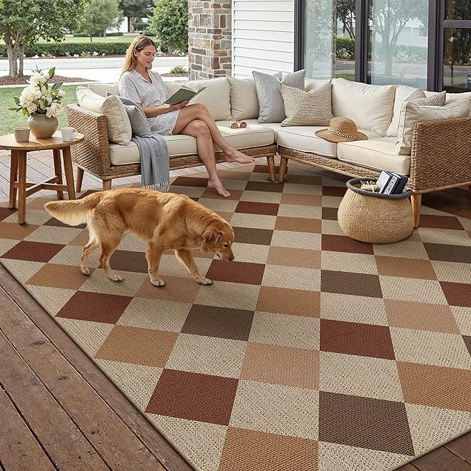 PureCozy 6x9 Checkered Easy Jute Area Rug for Living Room Large Checkerboard Washable Indoor Outdoor Carpet Farmhouse Patio Office Mat Geometric Non Slip Brown-Beige Carpet for Backyard Dining Room
