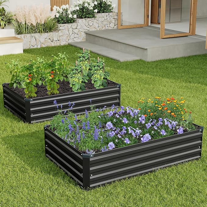 2PCS 4x3x1ft Galvanized Raised Garden Kit,Metal Planter Box,Black | Outdoor Elevated Metal Planter Box For Vegetables, Flowers & Herbs. Rustproof Galvanized Steel, Open Drainage, Easy Assembly