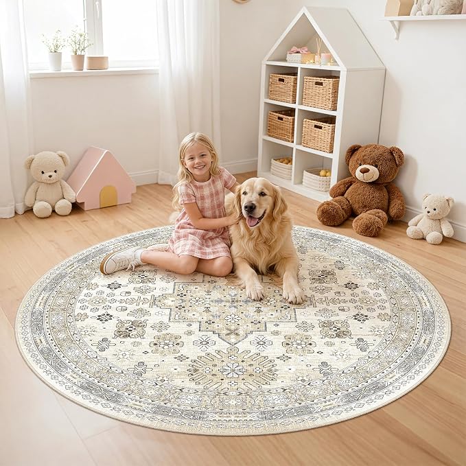 Round Rug 6ft,Circle Rug for Dining Room Table,Beige | Washable Rugs for Kitchen,Entryway,Bedroom,Dining Room,Nursery Room,Thin,Soft Runner Rug,Stain Resistant Indoor Carpet