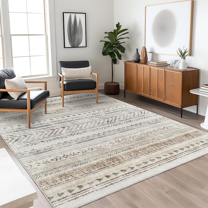 Art&Tuft 5x7 Area Rugs Non Slip, Thin Washable Rugs for Living Room, Brown | Low Pile, Soft & Lighweight, Folable, Stain Resistant Indoor Moroccan Carpet for Bedroom, Kitchen, Dining Room, Home Office