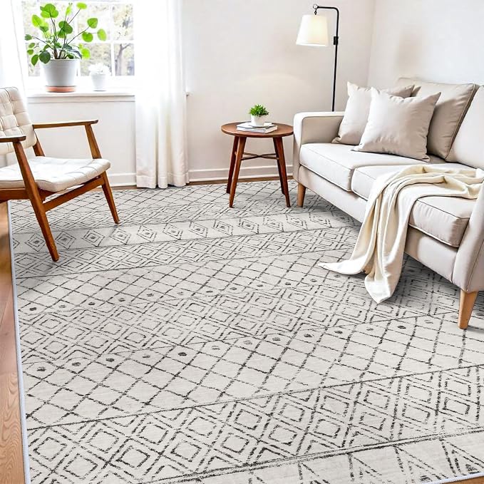 7x9 Geometric Grey Moroccan Washable Rug:Non Slip Area Rug Living Room | Pet Friendly Stain Resistant Modern Boho Carpets with Rubber Backing for Bedroom Soft Low Pile Rug