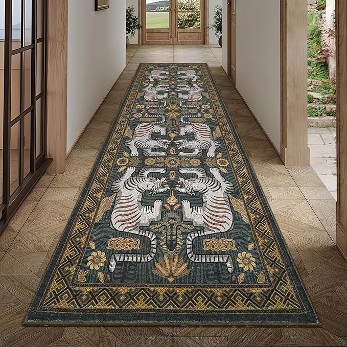 GarveeHome Tiger Print 2.5'x8' Washable Non Slip Runner Boho Hallways Rugs | Blue Kitchen Runner Ultra Thin Soft Vintage Tribal Indoor Throw Floor Carpet for Laundry Entryway Bedroom Bathroom