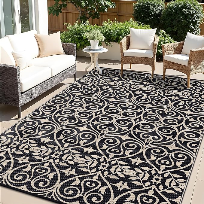 OLANLY Outdoor Rug Waterproof 8x10 ft Clearance, Reversible Outdoor Plastic Straw Rug with Floral Pattern, RV Mat for Patio, Camping, Balcony, Deck, Backyard, Black & Beige
