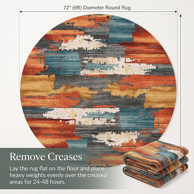6Ft Burnt Orange and Teal Abstract Brushstroke Area Rug | Soft Low-Pile Machine-Washable Rug with Non-Slip Backing for Dining Rooms, Entryways and Reading Areas for Easy Everyday Care