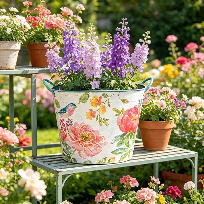 Vintage Watercolor Metal Bucket Planter with Floral & Bird Print , 13" Large Decorative Flower Pot with Handles for Indoor Outdoor Garden, Farmhouse Kitchen, Wedding and Rustic Home Decor (Flower#4)