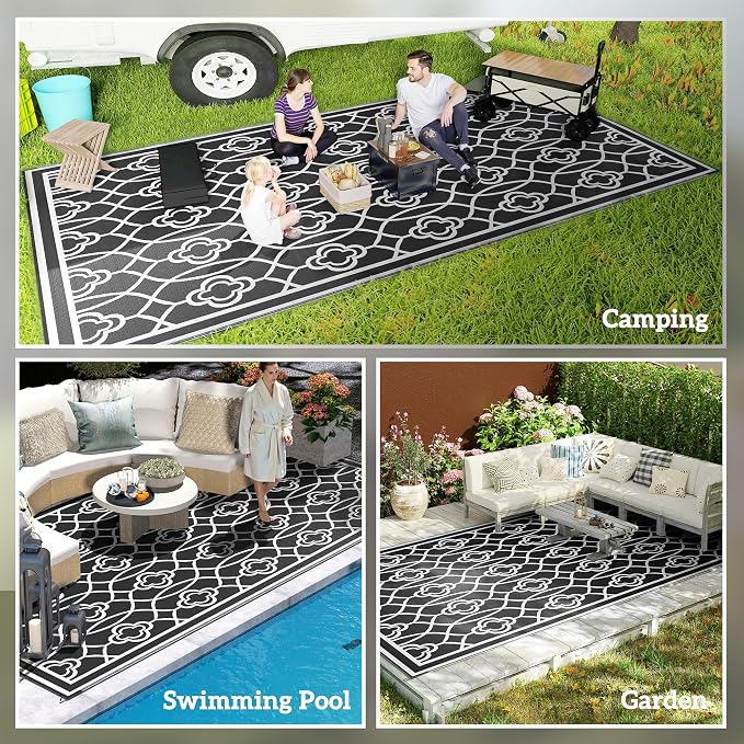Outsunny Outdoor Rug for Patio, 9' x 18' Waterproof Large Mat, Reversible Plastic Straw Rug for Decor, Portable Outside RV Camping Area Carpet Mat for Backyard Porch Deck Picnic, Black & White Lantern