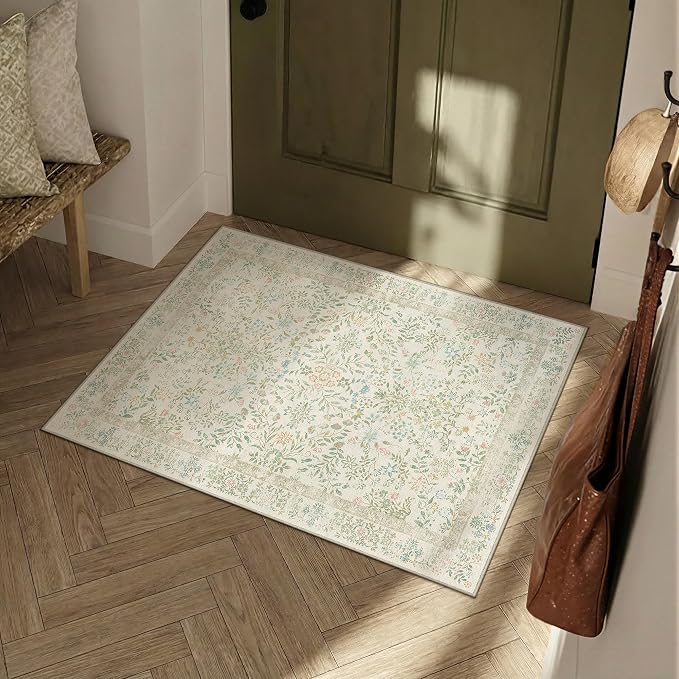 2x3 Light Green Floral Small Entryway Rug Vintage Farmhouse Style | Washable, Non Slip, Soft Low Pile, Door Mat for Indoor Entrance, Kitchen, Bathroom, Botanical Decor