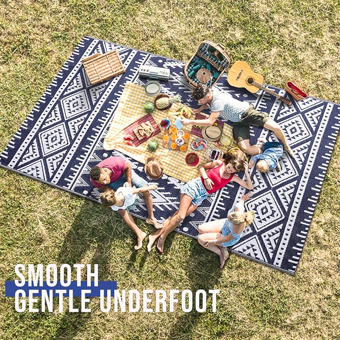 OLANLY Outdoor Rug Waterproof 5x8 ft, Reversible Outdoor Plastic Straw Rug, Boho Patio Rug, Indoor Outdoor Carpet, RV Mat Outside for Patio, Camp, Picnic, Balcony, Deck, Backyard, Navy & White