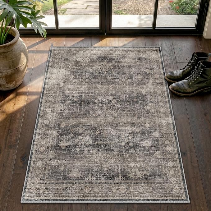 Washable Entryway Rug 3x5 for Kitchen, Bathroom, Low Pile Non-Slip Stain Resistant Indoor Front Door Mat, Charcoal Stone Farmhouse Modern Oriental Distressed Geometric Throw Area Rug