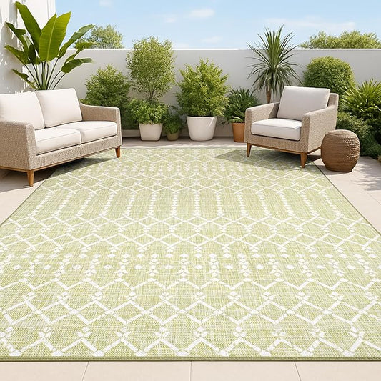 JONATHAN Y Moroccan Geometric Indoor Outdoor Area Rug 5X8 Light Green/Cream, Ourika Textured Weave for Backyard, Patio, Porch, Easy-Cleaning, High Traffic, Pet-Friendly, Non-Shedding (SMB108N-5)