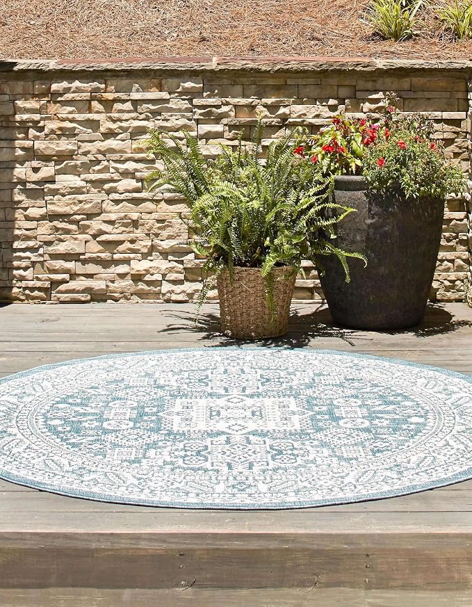 Unique Loom Outdoor Aztec Collection Area Rug - Chalca (5' 3" Round, Aqua/ Ivory)