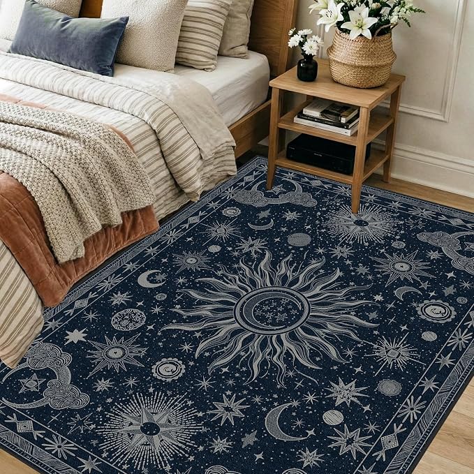 Vacuum-Friendly, 4x6 Washable Area Rug, Blue Gray White | Sun and Moon Boho Gothic Non-Slip Low Pile Living Roon Bedroom Dining Room Kitchen Entry Entryway Entrance Hallway Doormat