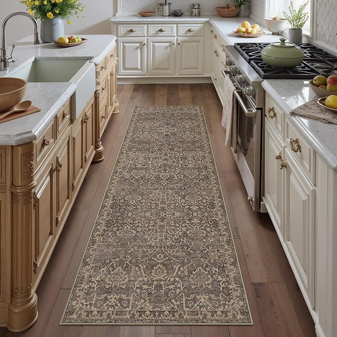 2'6''x8 Brown Vintage Floral Washable Runner Rug for Hallway | Low Pile, Non Slip, Retro Style, Soft Distressed Indoor Rug for Entrance, Kitchen, Bedroom, Laundry Room, Home Decor