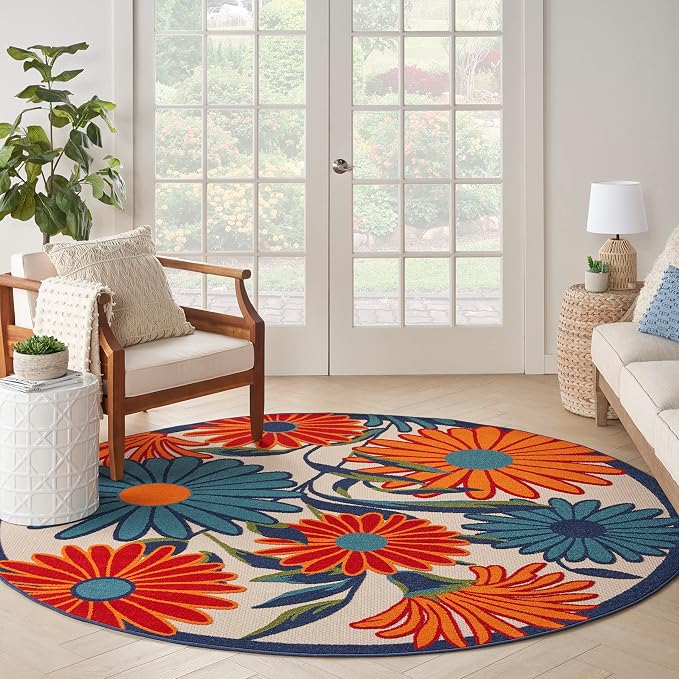 Nourison Home Aloha Multicolor 5'3" x Round Area Rug - Easy Clean, Non Shedding, Bed Room, Living Room, Dining Room, Kitchen (5' x Round)