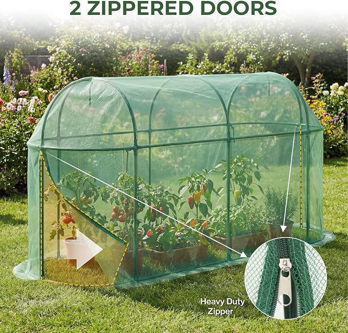 Aoodor 10 x 3 x 5 Ft Plant Protection Grow Tent Arched Roof Crop Cage with Side Netting Zippered Door for Protect Plants, Herbs, Fruits, Green