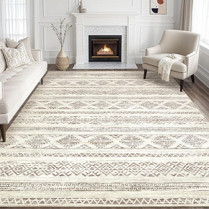 Tortania Area Rug Living Room Rugs - 8x10 Washable Large Soft Neutral Boho Moroccan Bohemian Farmhouse Rug Indoor Floor Carpet for Bedroom Under Dining Table Home Office Decor - Brown