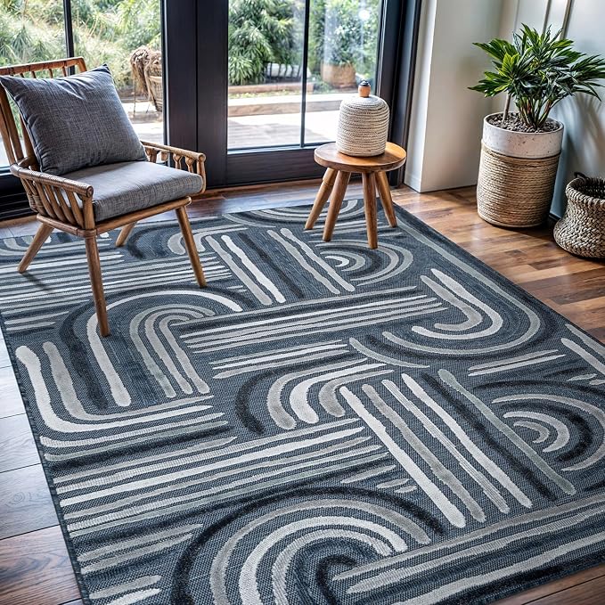 CAMILSON Indoor Outdoor Rug, Navy Blue 5x7 Geometric Arch Striped Area Rugs for Patio and Home Areas, Easy-Cleaning Non-Shedding Living Room, Garden and Deck Washable Outside Carpet (5 x 7)