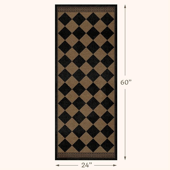 Brown and Black Easy Jute Runner Rug 2x5 for Laundry Room, Non Skid Washable Checkered Entryway Runner Rug, Boho Low Pile Diamond Carpet for Kitchen, Bathroom, Scandinavian Minimalist Style
