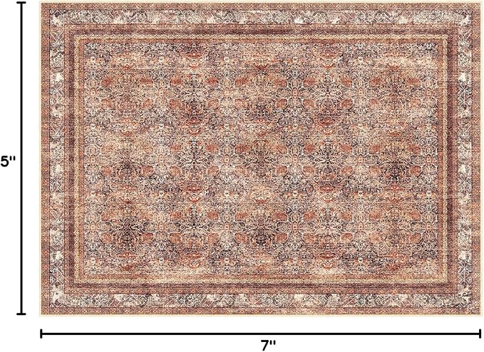 Phantoscope Washable Area Rug 5'x7' Non-Slip, Vintage Neutral Xmas Rugs for Living Room, Bedroom, Dining Room, Distressed Boho Floral Medallion Pattern, Low-Pile Foldable Floor Carpet, Brick Red/Black