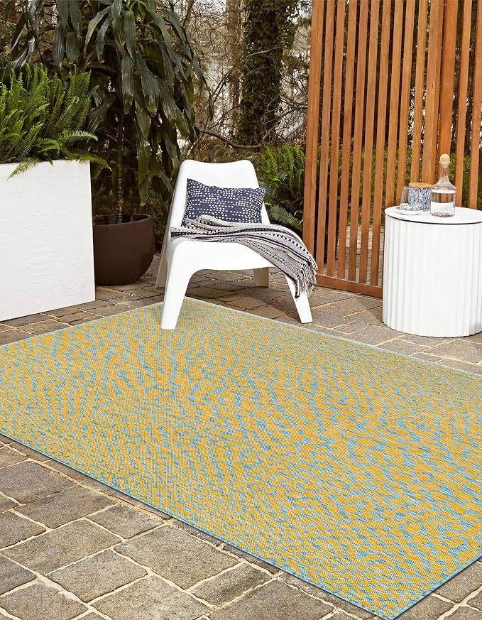 Unique Loom Jill Zarin Jill Zarin Outdoor Collection Area Rug - Cape Town (7' 1" x 10' Rectangle, Yellow and Aqua/Light Blue)