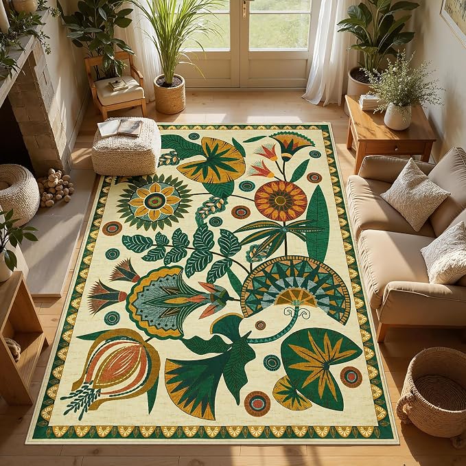 Joydeco Washable Egypt Floral Beige 5x7 Area Rugs for Living Room Bedroom | Boho Botanical Colorful Non Slip Stain Resistant Flower Indoor Carpet for Dining Room Office Entryway Guest Room Playroom