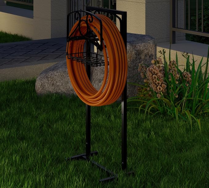 Fire Beauty Heavy-Duty Portable Garden Hose Holder with Storage Basket,80+ lbs Capacity,Holds 180ft Hose,Dual Support Rods & Rustproof Screws