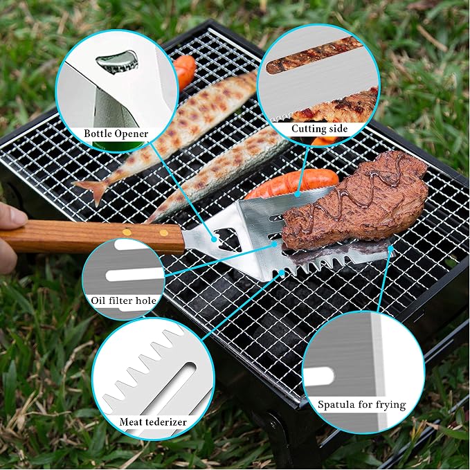 IMAGE Wooden BBQ Accessories Grilling Tools,Stainless Steel BBQ Tools Grill Utensils Set for Outdoor Grill, Cooking, Backyard Barbecue & Camping Gift for Man Dad Women Barbecue Enthusiasts Set of 4