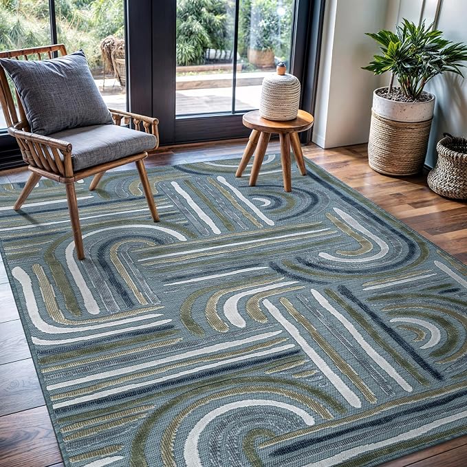 CAMILSON Indoor Outdoor Rug, Aqua 10x14 Geometric Arch Striped Large Area Rugs for Patio and Home Areas, Easy-Cleaning Non-Shedding Living Room, Garden and Deck Washable Outside Carpet (10 x 14)