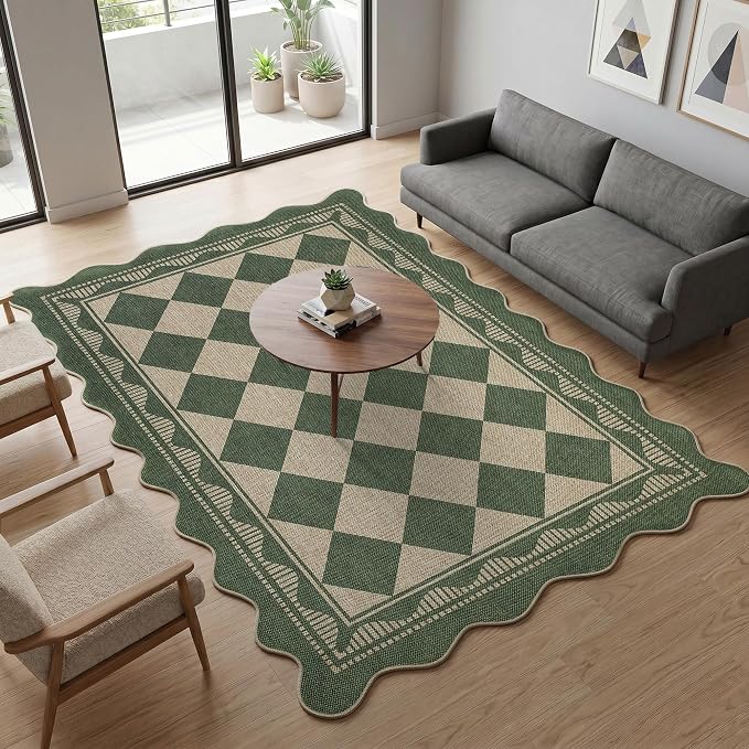 Garvee Easy Jute 8x10 Area Rug Scalloped Border Rugs for Living Room，Green | Indoor Outdoor Washable Rugs for Bedroom Non Slip Stain Resistant Low Pile Throw Rug for Dining Room Nursery