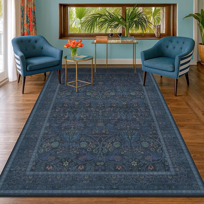 6x9 Rugs for Living Room Non Slip, Low Pile Soft Navy Blue Rugs for Bedroom, Floral Washable Dining Room Carpet, Dark Blue Victorian Mats
