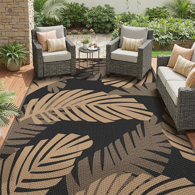 GENIMO Waterproof Outdoor Rug 9' x 12' for Patio Decor, Reversible Plastic Straw Area Rugs for Camping Clearance, RV Mat, Large Outside Carpet for Porch, Deck, Picni, Balcony, Garden, Black & Brown