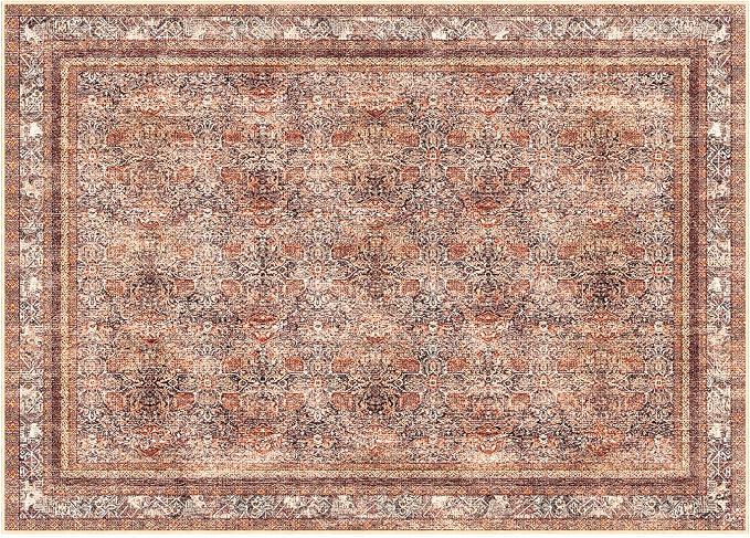 Phantoscope Washable Area Rug 5'x7' Non-Slip, Vintage Neutral Xmas Rugs for Living Room, Bedroom, Dining Room, Distressed Boho Floral Medallion Pattern, Low-Pile Foldable Floor Carpet, Brick Red/Black