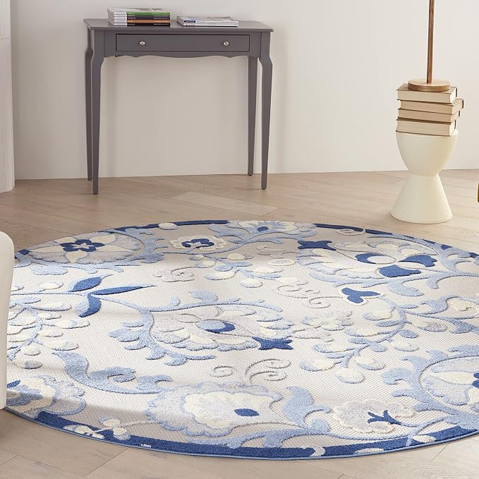 Nourison Home Aloha Blue Grey 7'10" x Round Area Rug - Easy Clean, Non Shedding, Bed Room, Living Room, Dining Room, Kitchen (8' x Round)