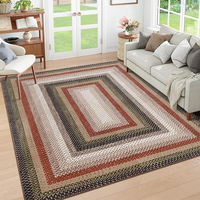 RUGSREAL Braided Washable Area Rug 8x10 Large Area Rug for Living Room | Modern Braid Bedroom Carpet Stain Resistant Dining Room Soft Farmhouse Accent Throw Carpet for Home Decor, Crimson/Earthy