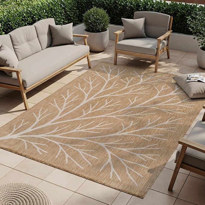 Washable Indoor Outdoor Rug 9x12 Modern Area Rugs Branch Pattern Non Shedding Waterproof Easy Clean Patio Deck Porch Living Room Bedroom Garden RV (9 X 12 Natural)