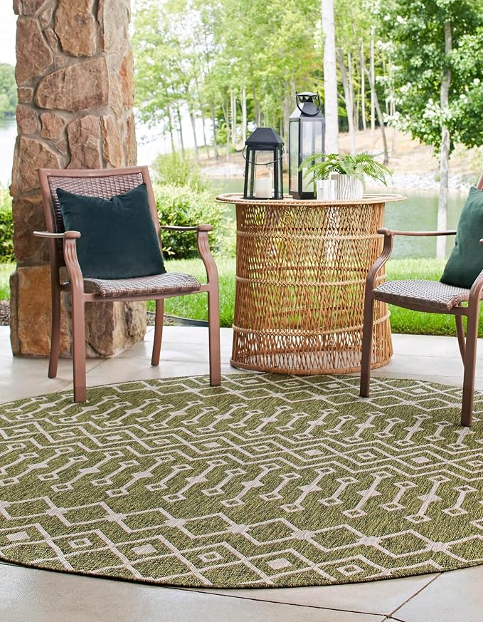 Unique Loom Outdoor Trellis Collection Area Rug - Tribal Trellis (3' 3" Round, Green/ Natural)