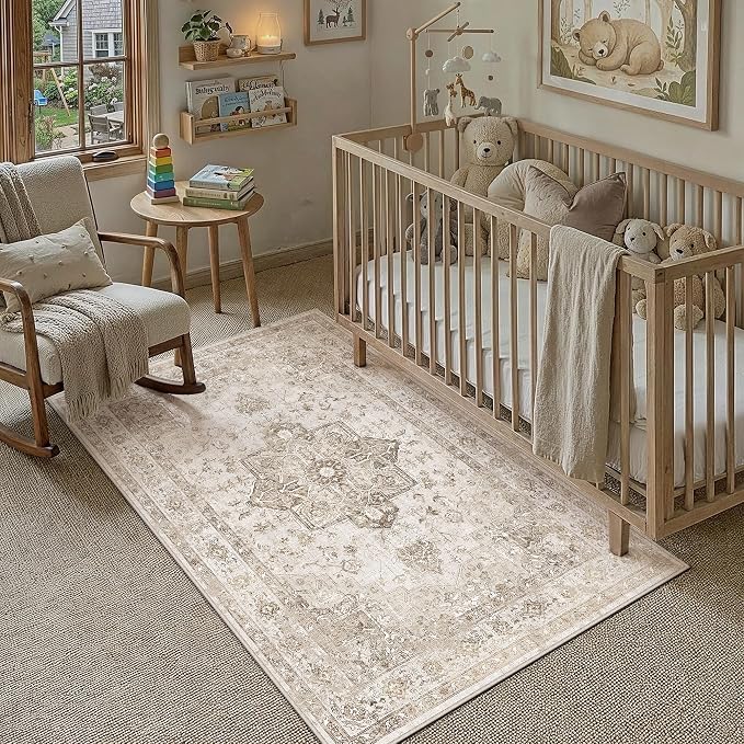 Taupe 4x5 Washable Area Rug Living Room Vintage Oriental Carpet | Soft Low Pile, Non Slip, Stain Resistant, Floral Medallion, Retro Indoor Decor for Bedroom, Dining Room, Kids Room, Office