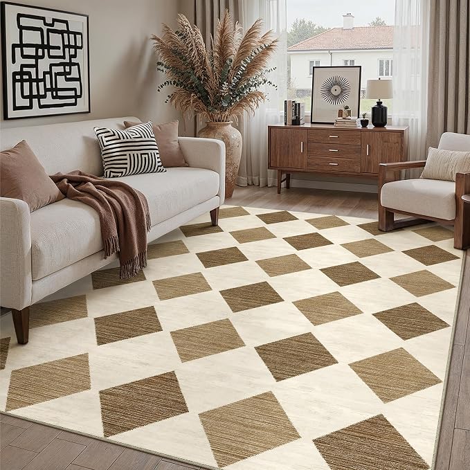 8x10 Checkered Area Rugs for Living Room Brown Machine Washable Large Rug Non-Slip Stain Resistant Low Pile Boho Accent Indoor Throw Carpet for Bedroom Dining Room Home Aesthetic Decor