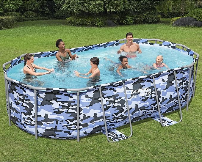 Bestway: Steel Pro Max - Oval Swimming Pool Set - 14' x 8'2" x 39.5, Blue Camo - Above Ground, Tritech Construction, Filter Pump, Ladder, 1,915 Gal.