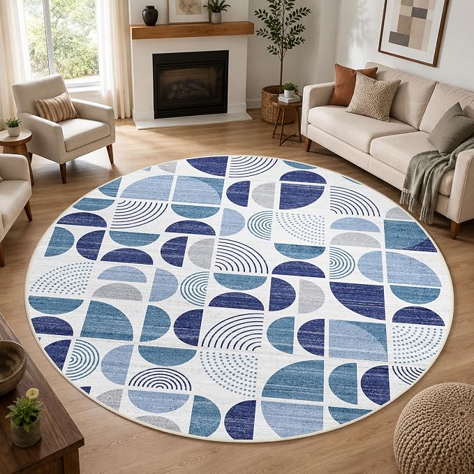 Round Rugs 9ft,Circle Area Rug Washable Non Slip Modern Abstract | Large Circular Rugs for Living Room Dining Room Boho Throw Carpet Soft Low Pile Floor Indoor Bohemian Navy Blue